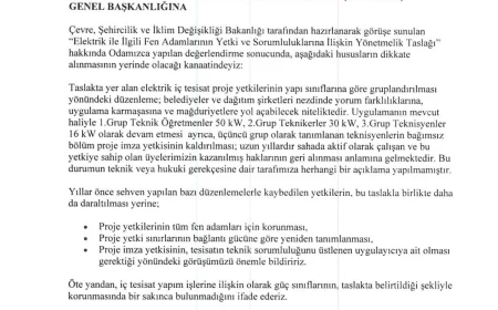 Çevre, Şehircilik ve İklim Değişikliği Bakanlığı tarafından hazırlanan “Elektrik ile İlgili Fen Adamlarının Yetki ve Sorumluluklarına İlişkin Yönetmelik Taslağı” hakkındaki görüşlerimizi TETESFED’e resmi yazı ile ilettik.